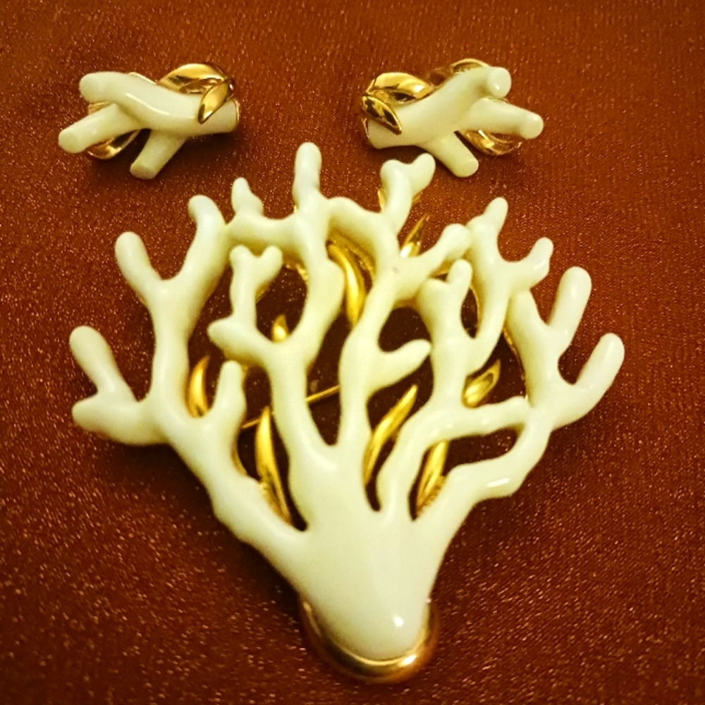 Elegant Cream and Gold Coral Brooch and Clip On Earrings Set